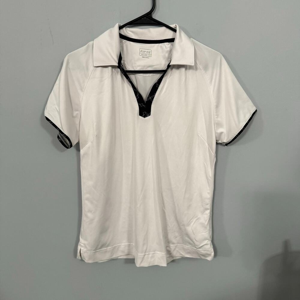 Aspire Dri-Logic White & Black Keyhole Neckline Polo Shirt Size Medium